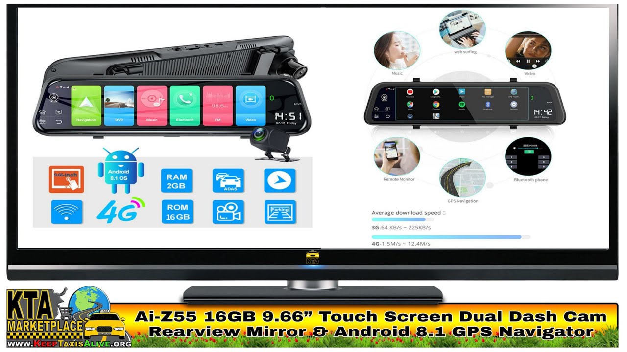 Ai-Z55 16GB 9.66” Touch Screen Dual Dash Cam Rearview Mirror & Android 8.1 GPS Navigator (4G & WiFi)